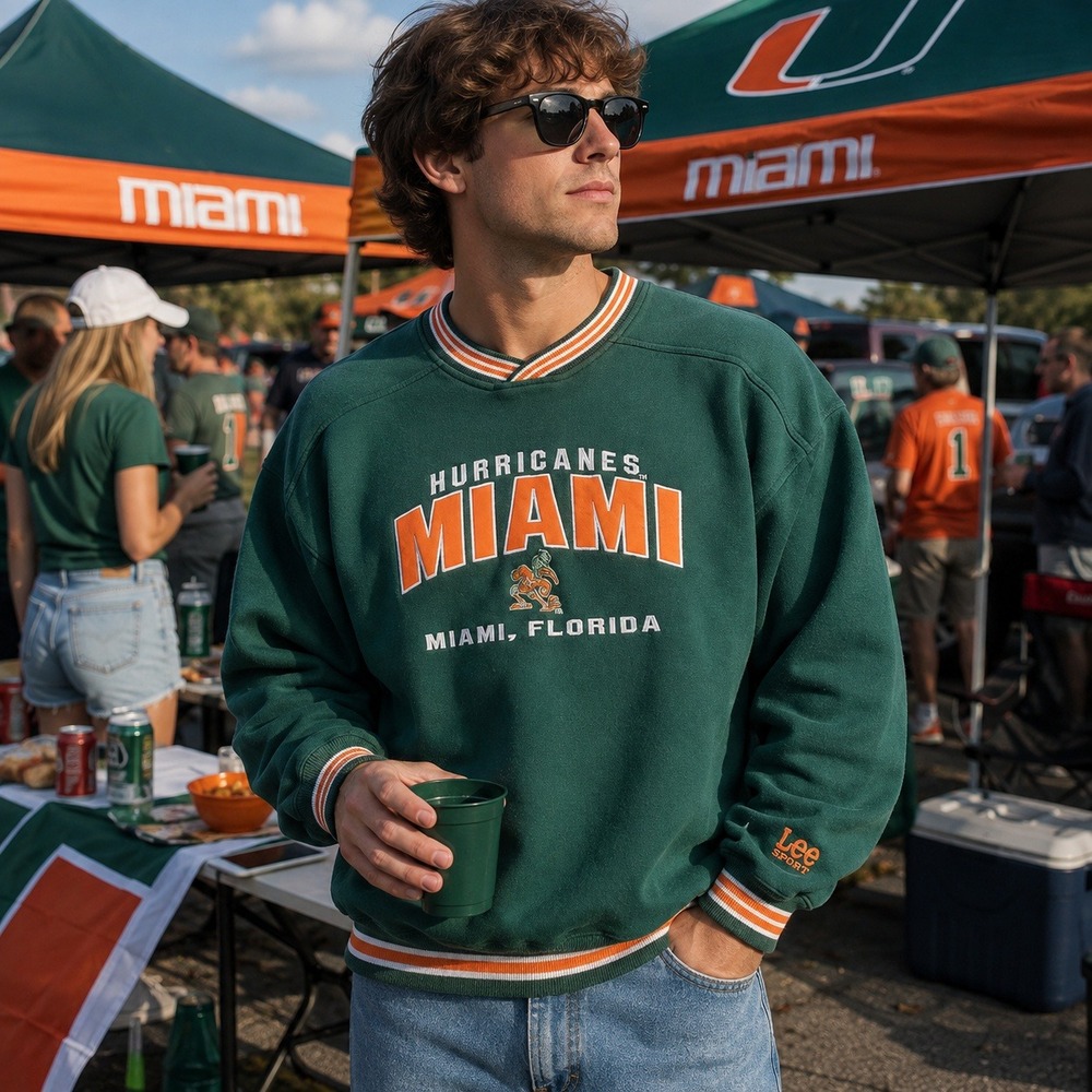Vintage Lee Sport Miami Hurricanes Sweatshirt NCAA Y2K Logo Green Men's Large